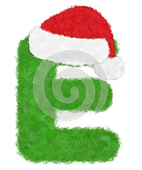 3D Ã¢â¬ÅGreen wool fur feather letterÃ¢â¬Â creative decorative with Red Christmas hat, Character E isolated in white background